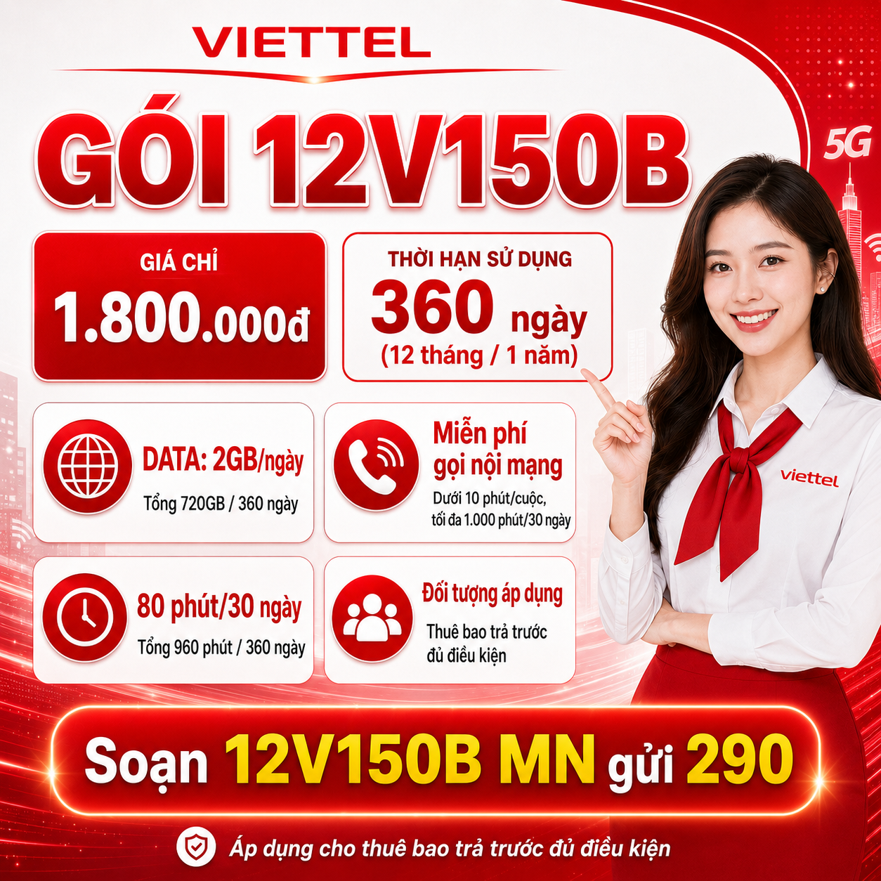 Hướng dẫn đăng ký và sử dụng gói Viettel 12V150B duy trì 2GB data/ngày trong 12 tháng